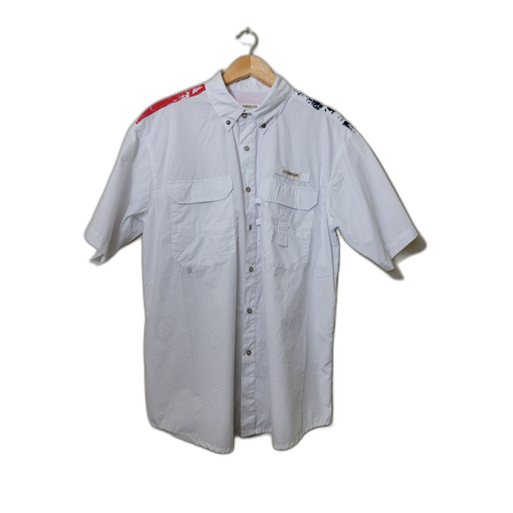 Patriotic US Flag MAGELLAN Vented Short Sleeve Button Fishing Shirt - Medium